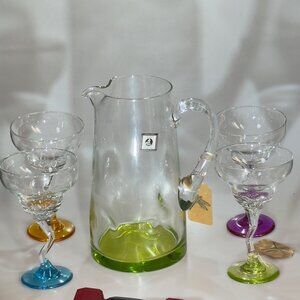 PartyLite Handmade Casa Glass Pitcher & Margarita Glass Set With Colorful Bases